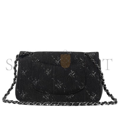 CHANEL MASTER BLACK QUILTED DENIM MEDIUM TIMELESS DOUBLE FLAP BLACK HARDWARE (25.5*15.5*6.5cm) 